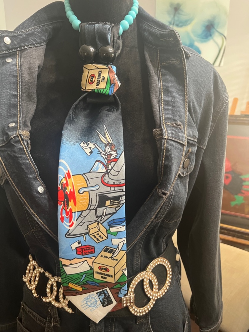 Vintage Bugs Bunny Cartoon Tie - Blue Multicolor aka the Bugsby refurbished tie